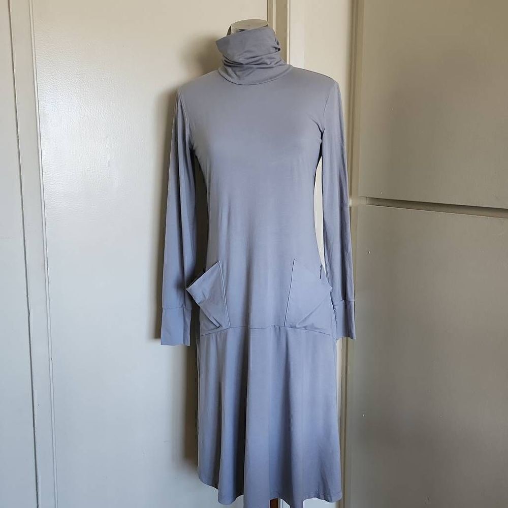allen allen Lt. Grey Fit /Flare Turtleneck Knit Dress w/ Front Pkts